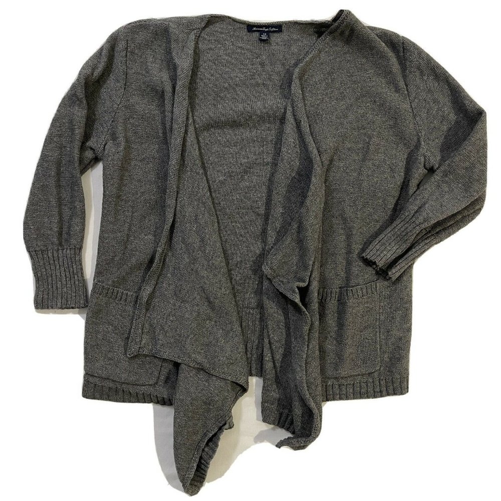 American Eagle Ruffle Knit Cardigan Sweater Gray Large | Thick Lounge Sweatshirt